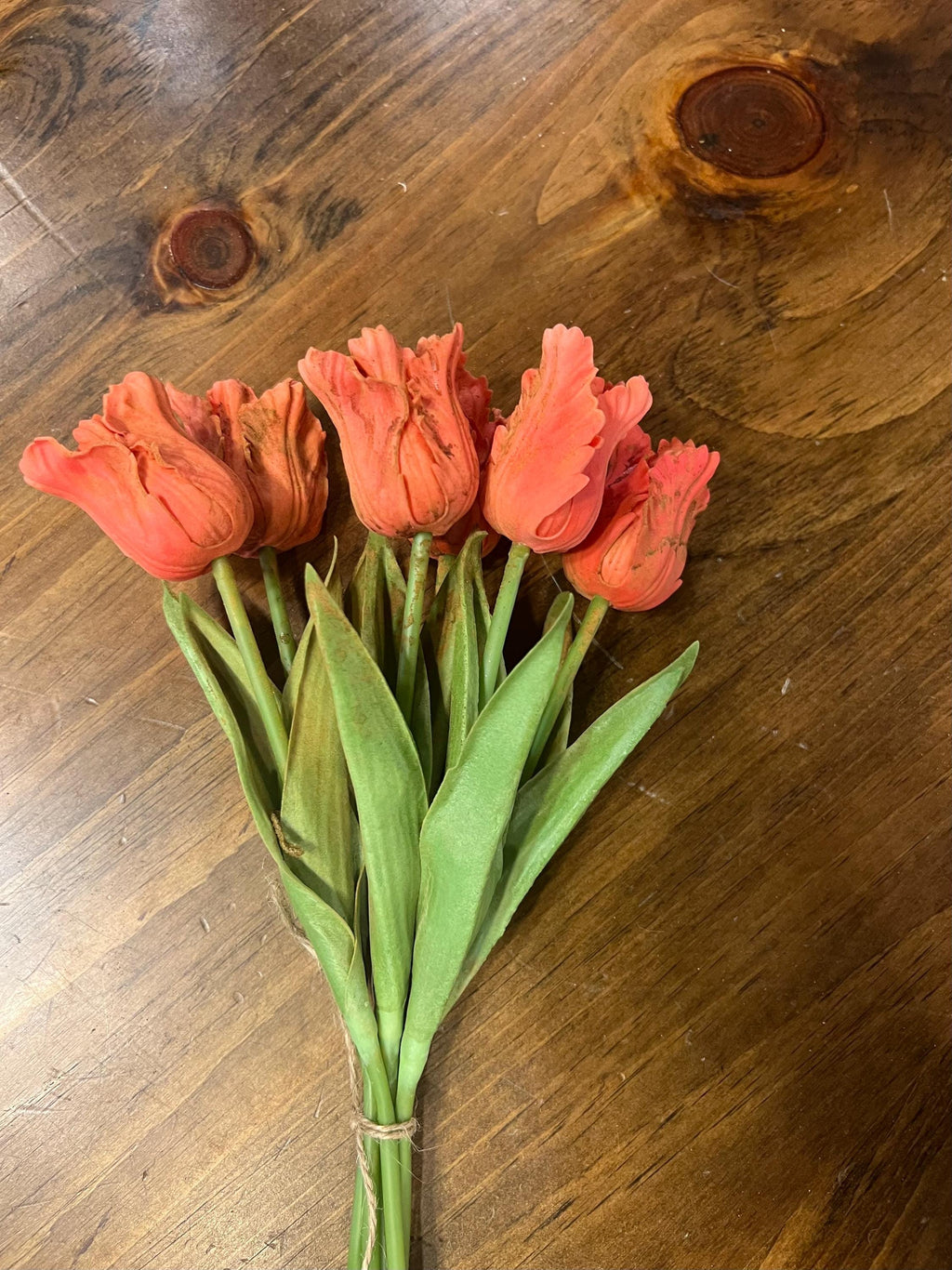 12” primitive grungy spring dyed set of frilly parrot tulips
