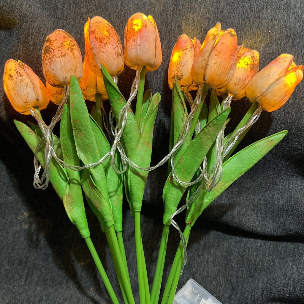 12” lighted battery primitive grungy dyed set of tulips