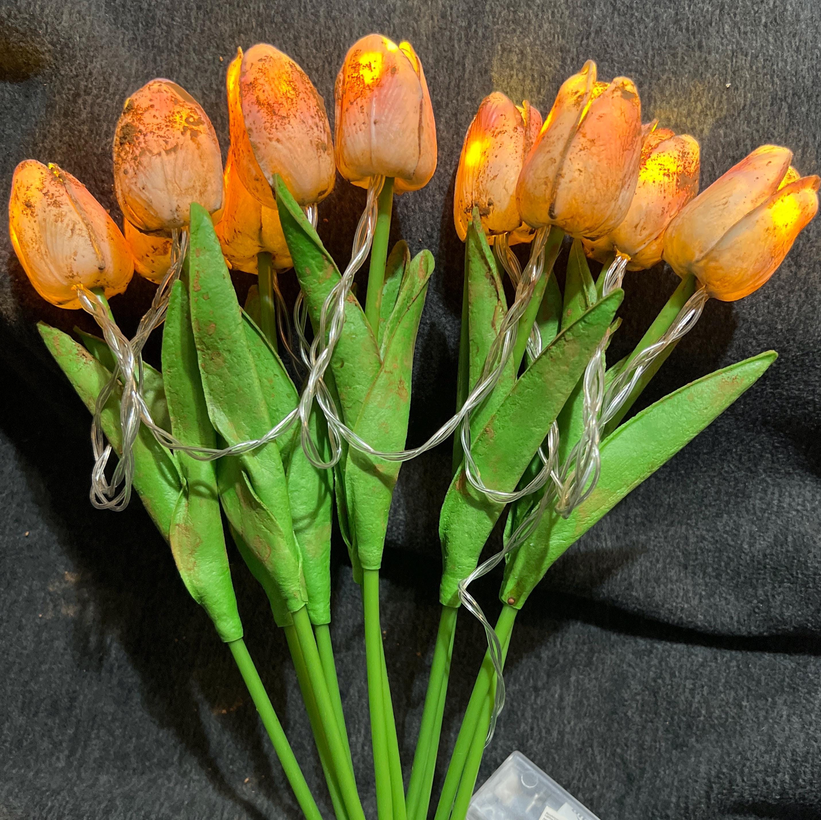 12” lighted battery primitive grungy dyed set of tulips
