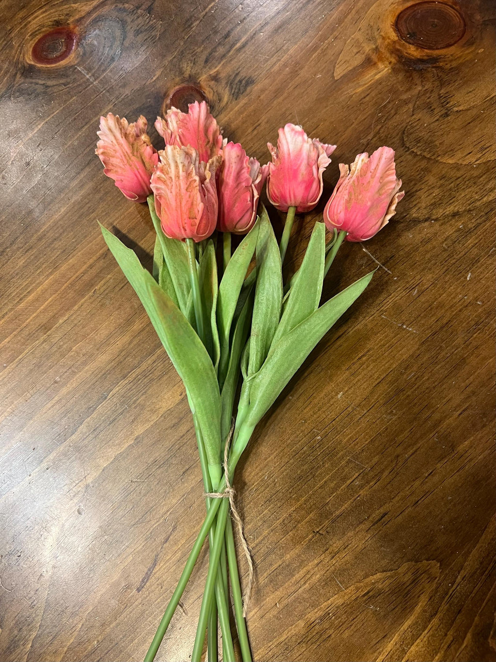 12” primitive grungy spring dyed set of frilly parrot tulips