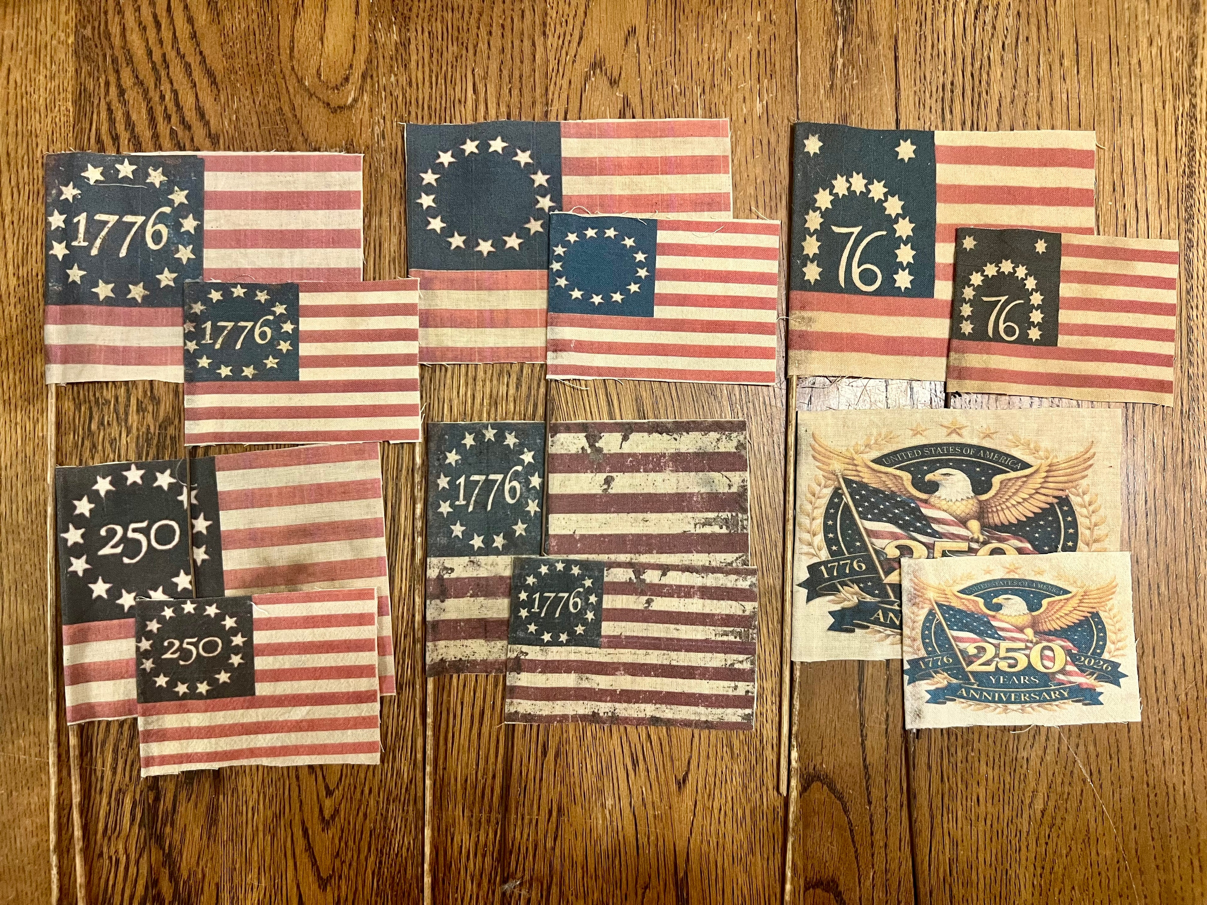 Primitive hand made small dyed flags, set of 6