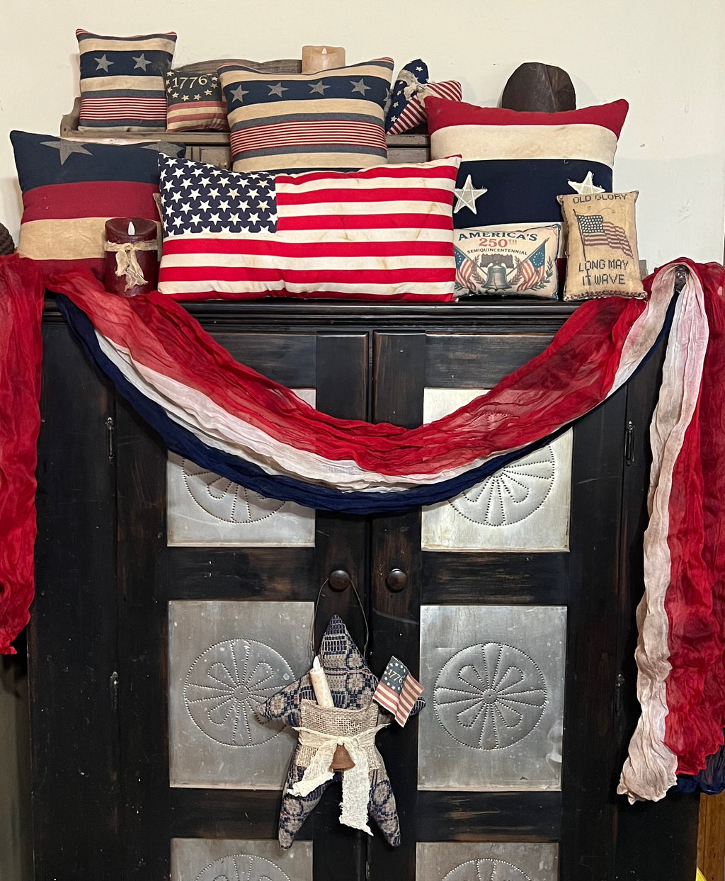 Primitive hand dyed  Red White and Blue Gauze Table Cloth Patriotic Memorial Day Cheesecloth Americana Runners for Independence day