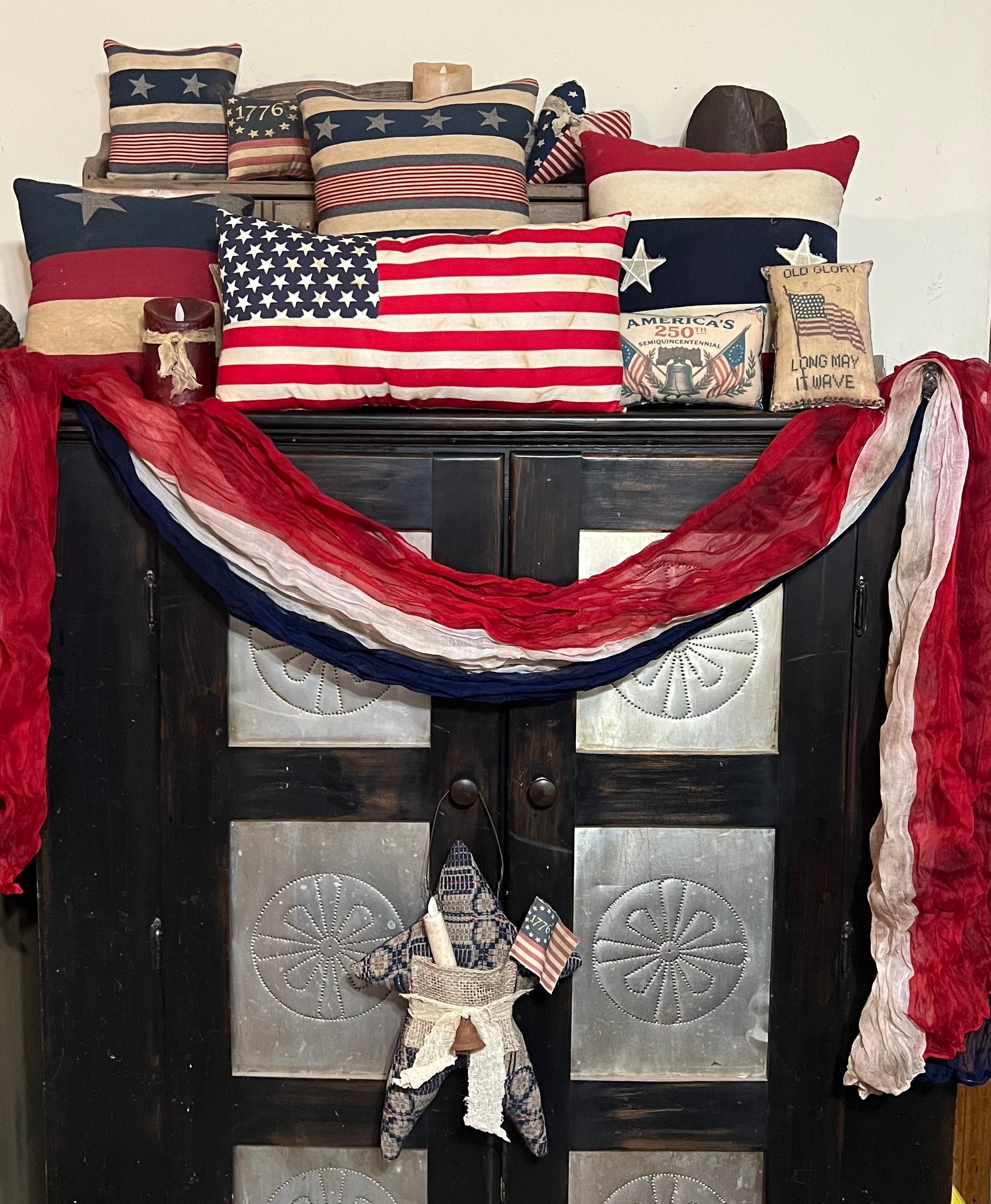 Primitive hand dyed  Red White and Blue Gauze Table Cloth Patriotic Memorial Day Cheesecloth Americana Runners for Independence day