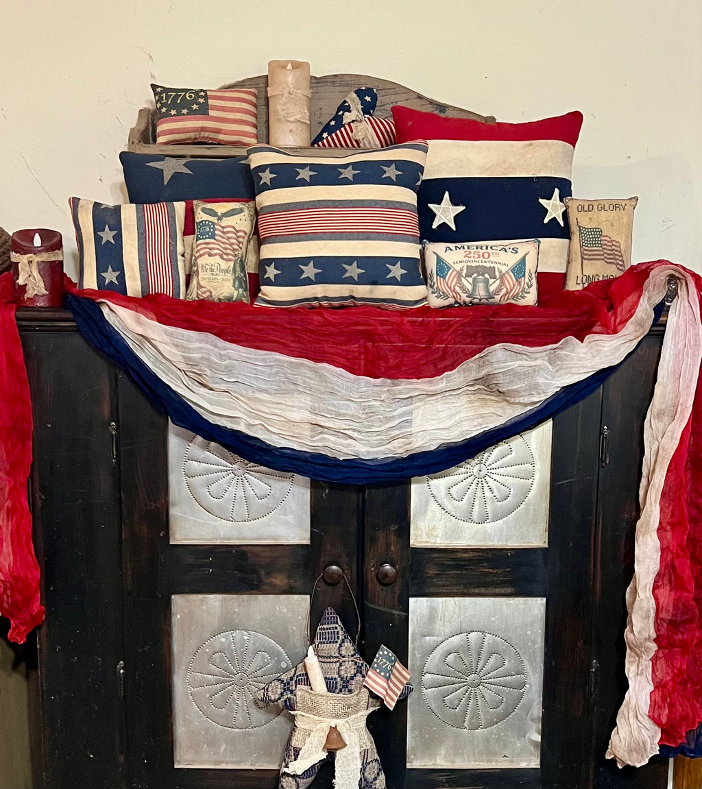 Primitive hand dyed  Red White and Blue Gauze Table Cloth Patriotic Memorial Day Cheesecloth Americana Runners for Independence day