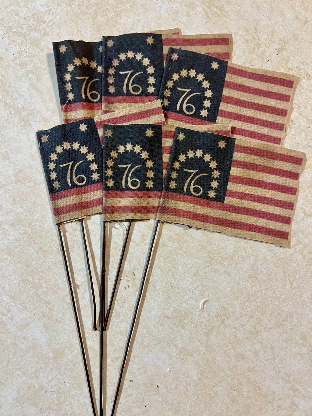Primitive hand made small dyed flags, set of 6